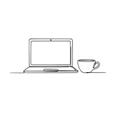 Minimalist Line Art Workspace with Laptop and Coffee Cup for Freelancers and Digital Nomads in a Modern Home Office Setting