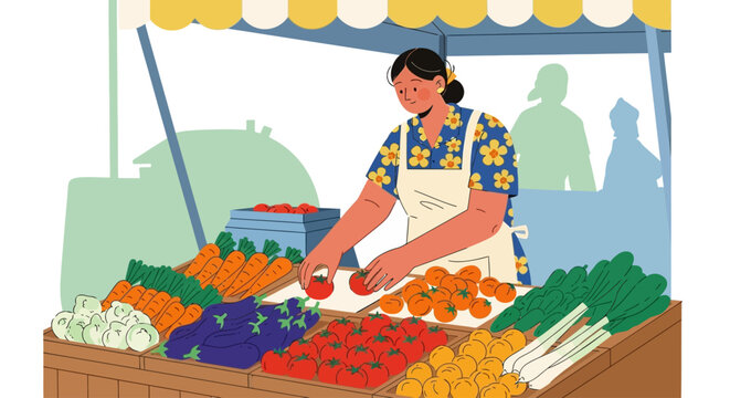 A female vendor arranges fresh tomatoes and vegetables at a colorful outdoor farmer's market stall. - Powered by Adobe