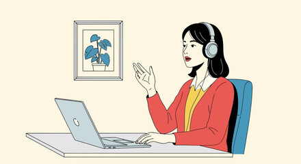 A woman wearing headphones sits at a desk, actively engaging with a laptop and gesturing while speaking.