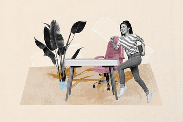Artwork sketch image vertical collage of happy businesswoman run table workplace flower plant...
