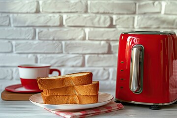Red toaster with toasted bread for breakfast inside  Red table napkin  White table