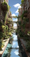 Naklejka premium Lush urban canal, brick buildings, sky, plants, rendering, architecture, design