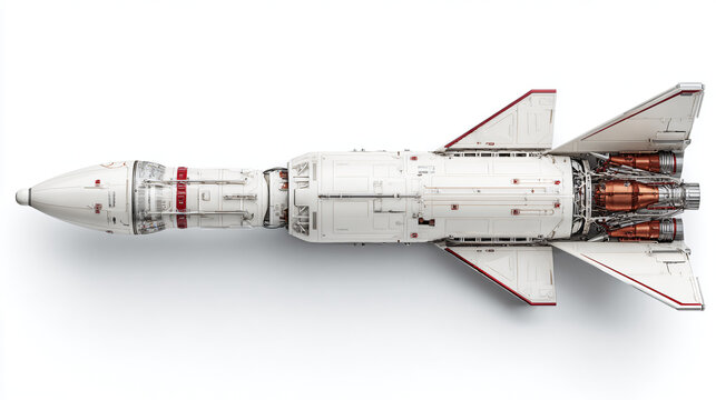 Detailed top-down view of a futuristic white spacecraft with advanced paneling and four powerful engines on a white background - Powered by Adobe