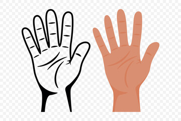 Hand Gesture Vector Illustration. Open Human Hand with Palm Showing, Raised Hand for High Five, Stop Sign, Counting to Five, Palmistry, Voting, Greeting, Medical and Educational Design, Flat Hand Icon