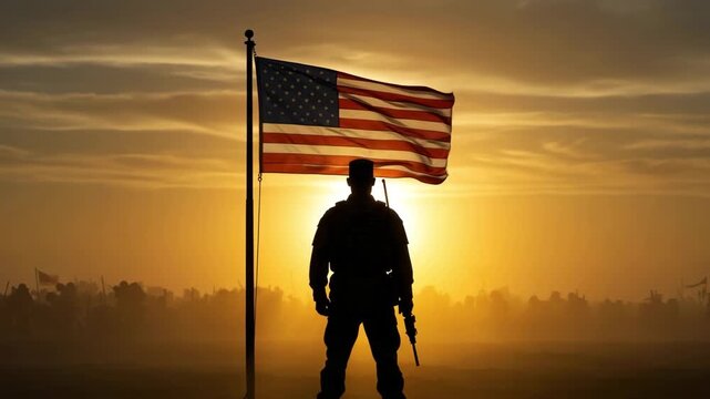 Soldier silhouette with USA flag waving on a bright sunny day