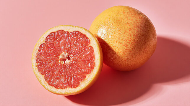 Fresh grapefruits on a pink background with juicy interior and vibrant colors