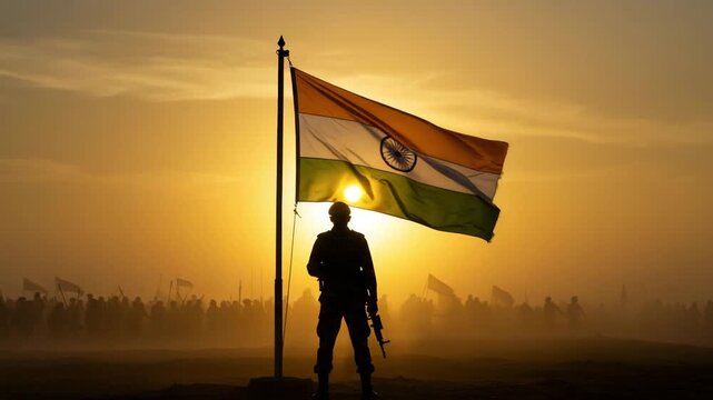 Soldier silhouette with India flag waving on a golden sunset