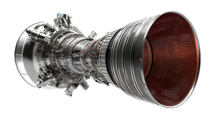 Highly detailed rocket engine side view with exposed mechanical components and ribbed nozzle