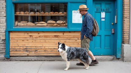 man walking dog past artisan bakery, candid daily life in city