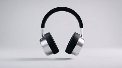 Sleek silver over-ear headphones suspended against a minimalistic gray background, showcasing luxurious materials and modern design elements.