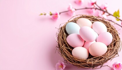 Colorful eggs in a nest surrounded by pink flowers on a pastel background.