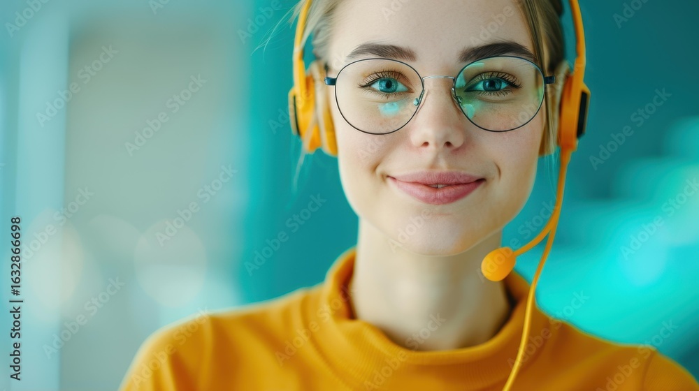 Poster friendly operator assists clients over the phone, showcasing excellent support skills while working 