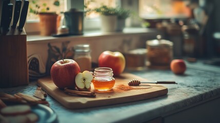 Apples honey cinnamon and spices displayed on a wooden cutting board