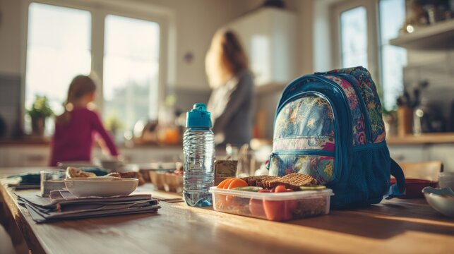 Mother preparing school backpack with lunchbox and books in kitchen