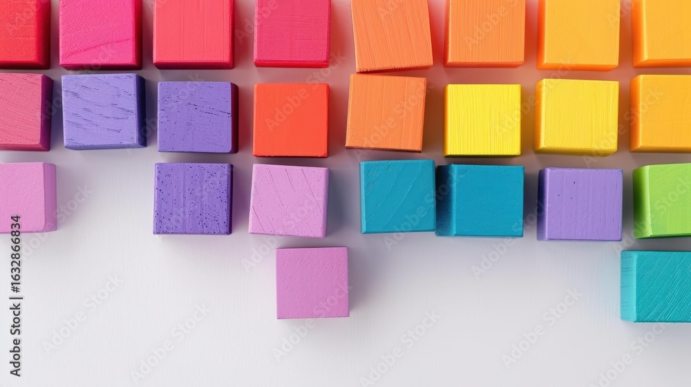 Poster vibrant array of wooden blocks set in a spectrum, perfect for backgrounds that inspire creativity an