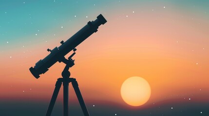 A telescopes silhouette frames a stunning sunset, highlighting the beauty of amateur astronomy and the night sky.