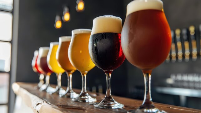 Discover an elegant brewery where you can savor highquality craft beers. Enjoy tastings at a rustic wooden table surrounded by crystal glassware.