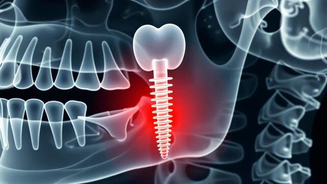 x-ray scan, dental implant, bone integration. Oral health. Tooth root stabilizes in jawbone. Implant longevity enhances chewing ability. 3D medical render shows detailed anatomy.