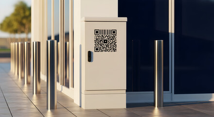Scan This Code Modern Urban Scene Featuring QR Code on a Building Exterior