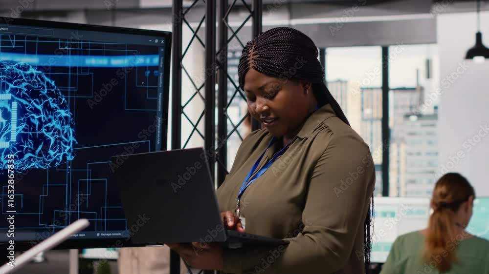 Poster black determined leader using artificial intelligence and neural networks to analyze forecast trends