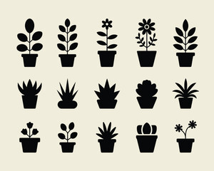 Silhouette potted plant icon set, black vector collection of various indoor houseplants and succulents for botanical design projects

