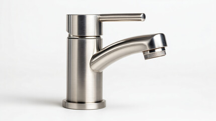 Sleek modern stainless steel faucet with minimalist cylindrical design on white background
