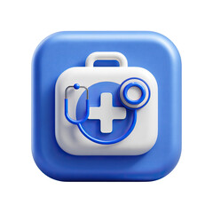 Obraz premium Square app icon of a blue medical kit with a stethoscope and white plus sign