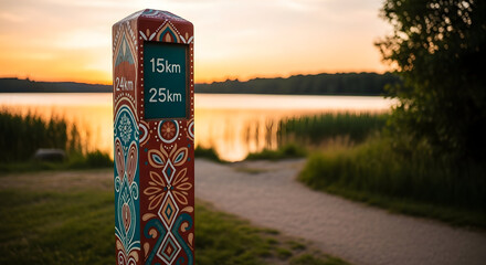 Scenic Lakeside Trail At Dusk With Ornamental Distance Marker Post