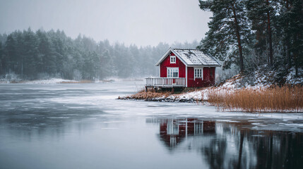 Tranquil winter scene with red cabin on stilts by frozen lake surrounded by snowy pine forest
