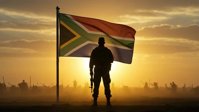 Soldier silhouette with South Africa flag waving on a sunny evening
