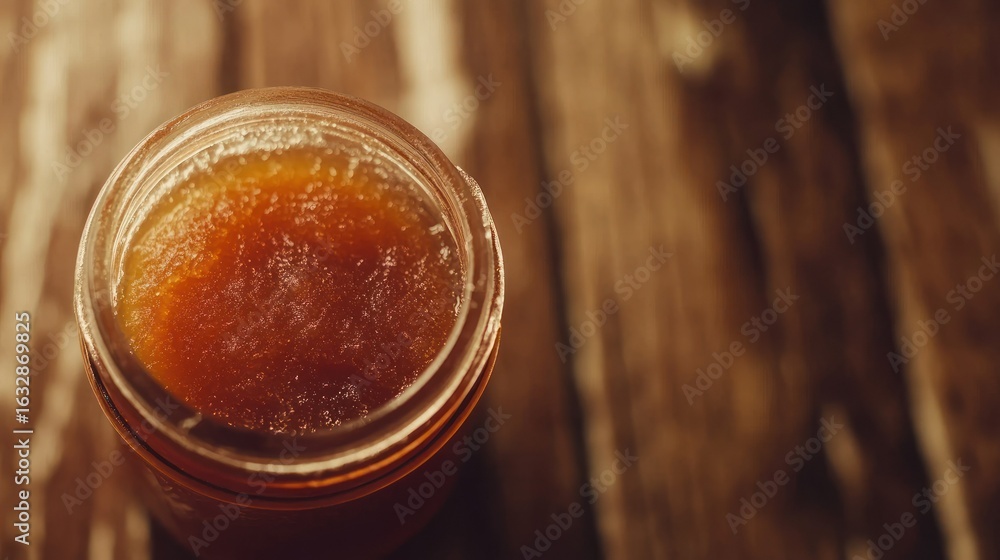 Poster a close up image showing a jar filled with honey