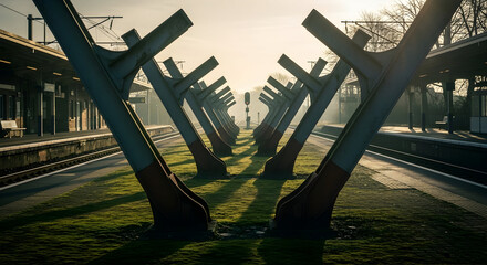Symmetrical Metal Structures At An Overgrown Train Station During Golden Hour
