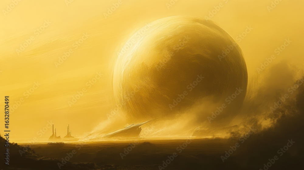 Poster An abstract illustration of a large celestial object in a landscape