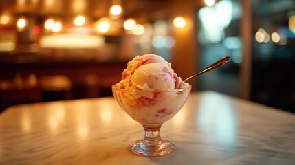 Delicious strawberry ice cream sundae served in a stemmed glass bowl