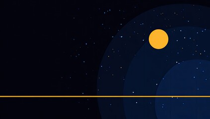 Cosmic scene with a prominent yellow sun, dark space, and faint, scattered stars.  Abstract layers of blue create depth and a sense of distance.  A thin, horizontal yellow line suggests a horizon