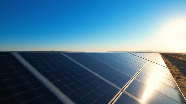 sunpath - A panoramic view of solar panels capturing sunlight in a vast open field, showcasing renewable energy technology against a clear blue sky during sunset