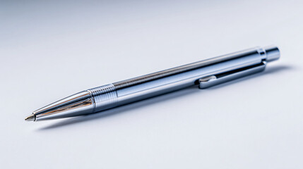 Close-up of metallic silver ballpoint pen on white surface with sleek modern design