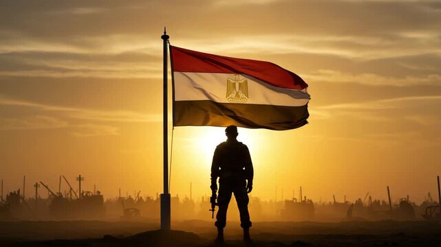 Soldier silhouette with Egypt flag waving on a sunny day