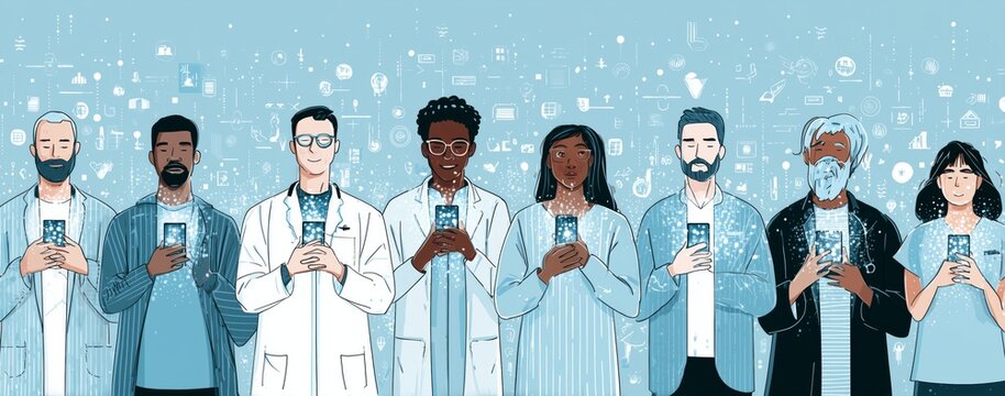 A diverse group of men and women from various professional backgrounds holding smartphones, surrounded by digital icons. The image conveys a theme of technology and communication.