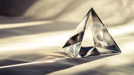 A clear transparent pyramid casting shadows on a textured background
