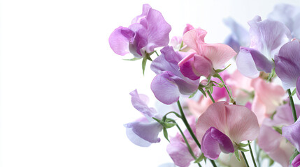 Fototapeta premium Delicate sweet pea flowers in soft pastel colors on white background