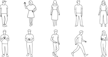 Hand drawn people outline icon set, minimal black and white vector collection of standing and walking male and female figures

