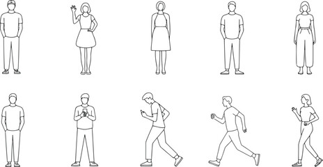 Hand drawn people outline icon set, minimal black and white vector collection of standing and walking male and female figures

