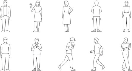 Hand drawn people outline icon set, minimal black and white vector collection of standing and walking male and female figures

