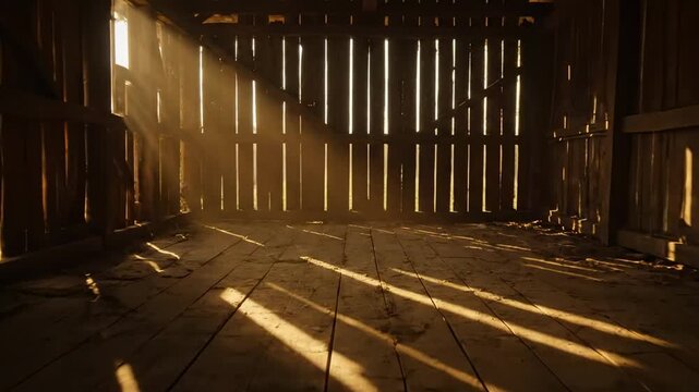 sunpath - Sunlight streams through the slats of an old barn, illuminating the dusty wooden floor, creating a serene atmosphere perfect for rustic photography or artistic projects