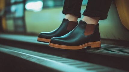 A person wearing black leather ankle boots with a brown sole