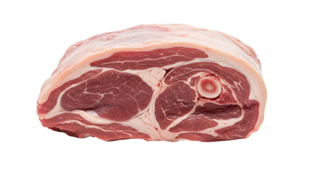 Raw lamb leg isolated on transparent background, a fresh and uncooked meat cut, showcasing the red protein fibers and texture, perfect for culinary and butcher shop displays