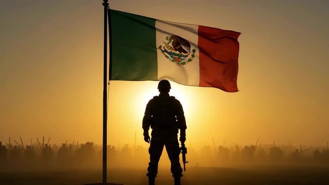 Soldier silhouette with Mexico flag waving on a beautiful sunset