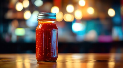 A glass jar filled with a bright red flavorful sauce