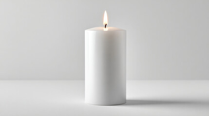 Single white pillar candle lit against a minimalist light gray background, soft serenity